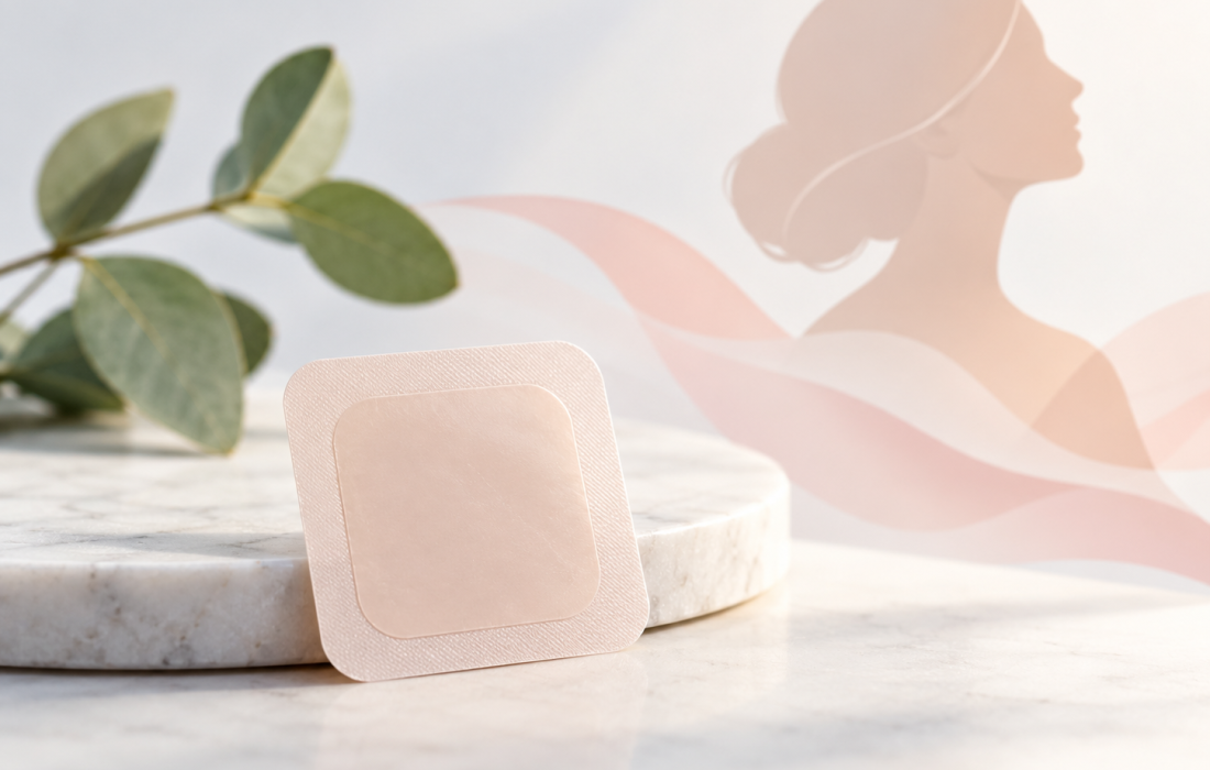 Minimalist illustration of a once-weekly estradiol and levonorgestrel hormone therapy patch for menopause treatment.