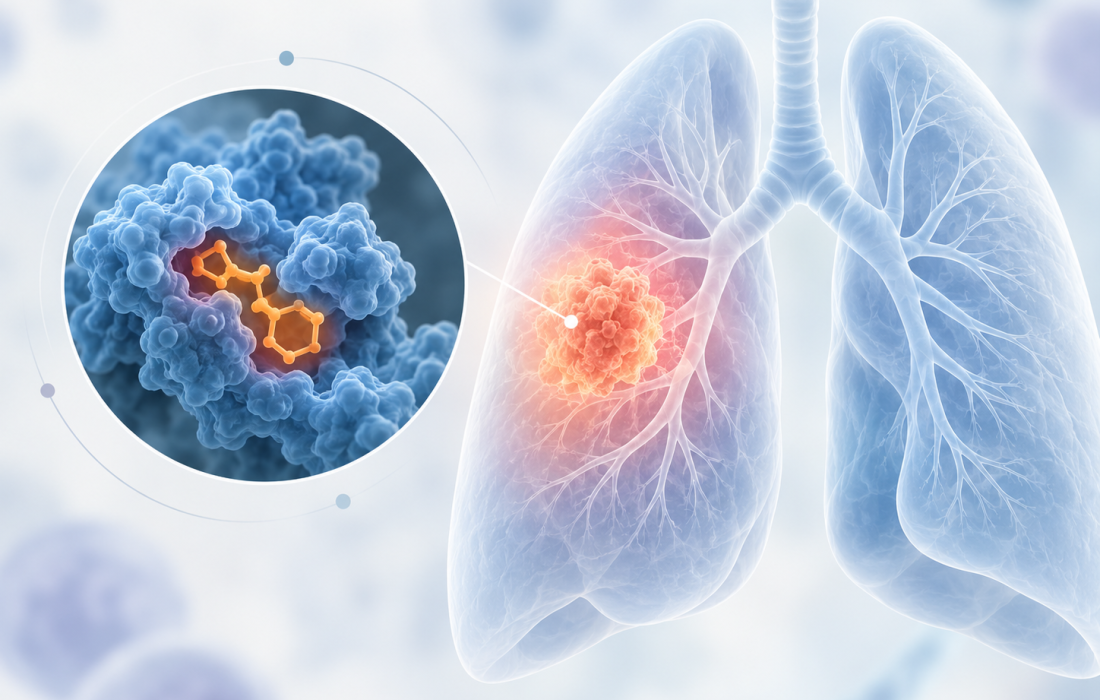 Scientific illustration of investigational KRAS G12C inhibitor olomorasib combined with pembrolizumab in first-line KRAS G12C-mutant non-small cell lung cancer.