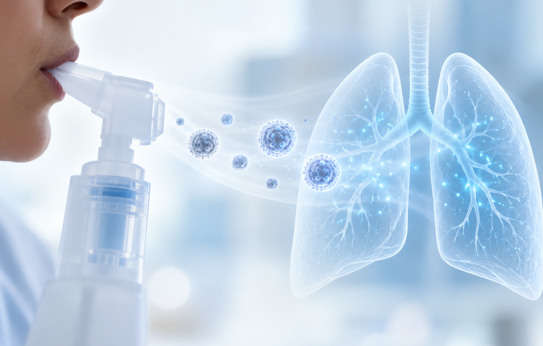 Inhaled EXO-CD24 investigational therapy illustrated with aerosol particles reaching the lungs in patients with acute respiratory distress syndrome.