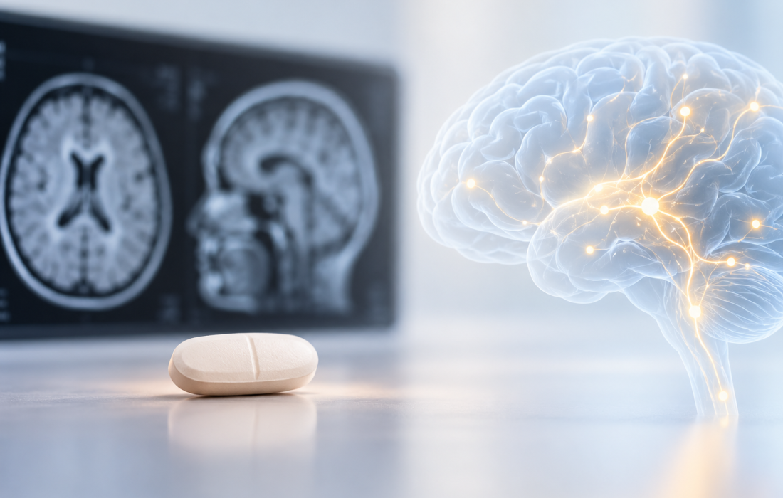 Conceptual medical illustration of a tablet and neural pathways in the brain representing remibrutinib research in relapsing multiple sclerosis