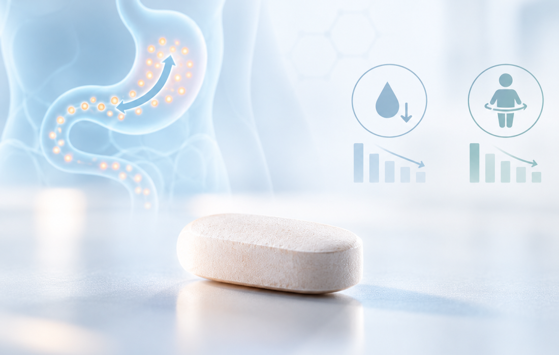 Minimalist medical illustration of oral GLP-1 receptor agonist research showing glucose regulation and body weight reduction in type 2 diabetes.