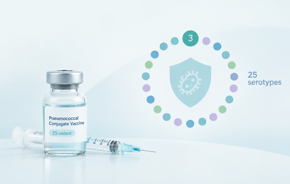 Illustration of a pediatric pneumococcal conjugate vaccine targeting 25 serotypes, including serotype 3