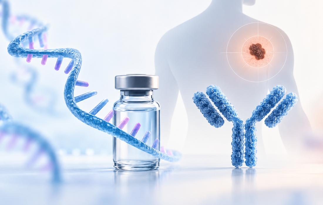 Scientific illustration of individualized mRNA neoantigen therapy combined with pembrolizumab for resected melanoma