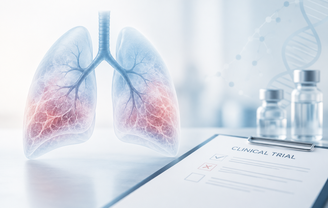 Scientific illustration representing axatilimab development in idiopathic pulmonary fibrosis following the Phase 2 MAXPIRe trial results