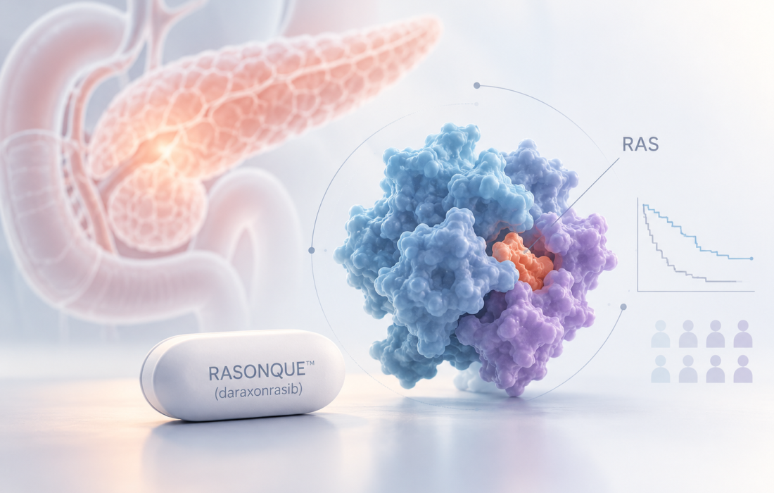 Minimalist medical illustration representing daraxonrasib and RAS signaling in pancreatic cancer research