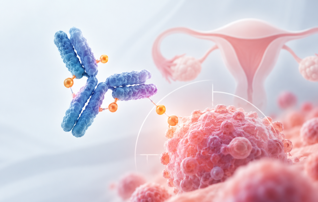 Illustration of an antibody-drug conjugate targeting ovarian cancer cells, representing GSK's investigational B7-H4-targeted therapy Mo-Rez