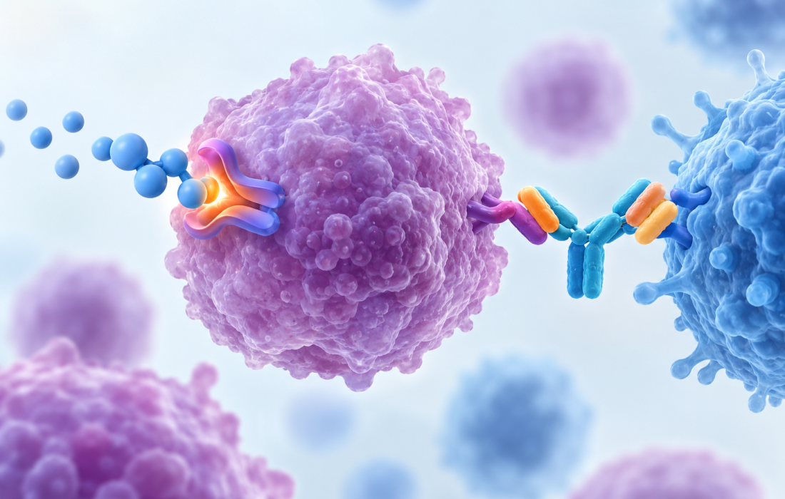 Illustration of targeted BCR::ABL1 inhibition by ponatinib and T-cell-mediated leukemia cell targeting by blinatumomab in Philadelphia chromosome-positive acute lymphoblastic leukemia.