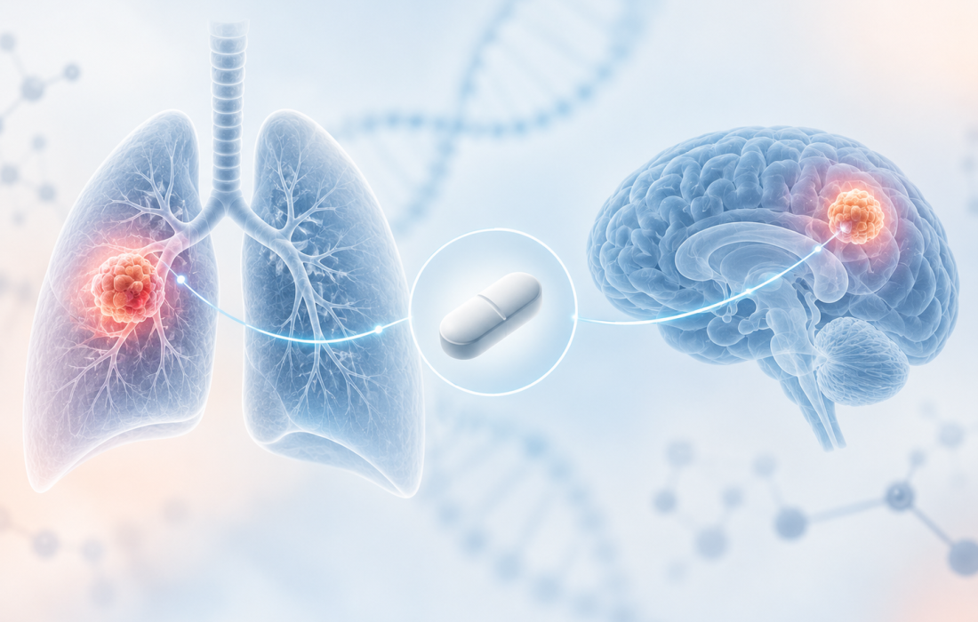 Scientific illustration of EGFR-mutant non-small cell lung cancer and brain metastases, representing enozertinib's systemic and intracranial activity