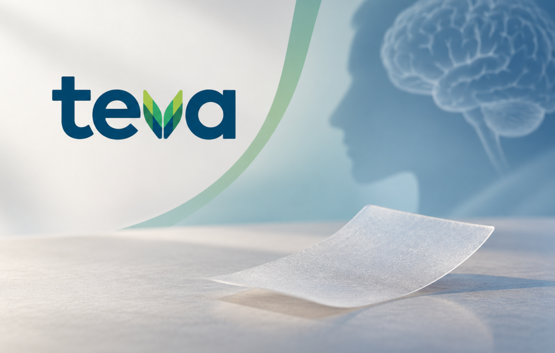 Illustration of a sublingual drug film representing Teva's acquisition of BXCL501 for potential at-home treatment of acute agitation.