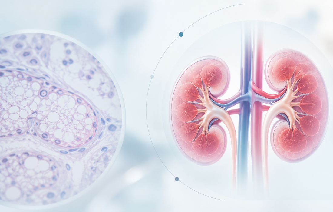 A subtle medical illustration of kidney tissue and globotriaosylceramide accumulation in Fabry disease, representing Idorsia's Phase 3 lucerastat study.