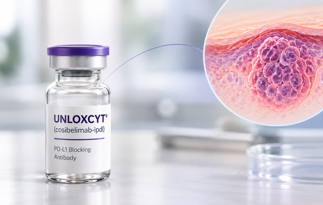 Illustration representing Sun Pharma’s UNLOXCYT (cosibelimab-ipdl) and its NCCN Category 2A preferred recommendation for locally advanced cutaneous squamous cell carcinoma.