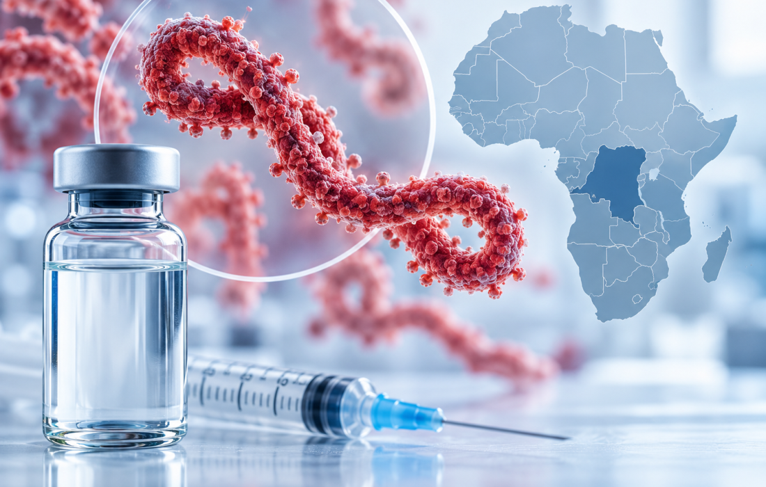 Illustration of Bundibugyo virus vaccine development with a vaccine vial, viral structure and map of Africa