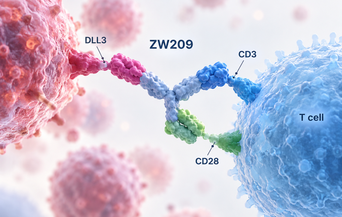 Zymeworks ZW209 trispecific T-cell engager targeting DLL3-expressing cancer cells through CD3 and CD28 costimulation