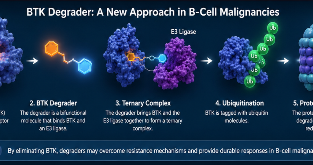 Illustration of the Phase 3 DAYBreak CLL-306 clinical trial evaluating the BTK degrader bexobrutideg versus pirtobrutinib in patients with relapsed or refractory chronic lymphocytic leukemia (CLL) and small lymphocytic lymphoma (SLL).