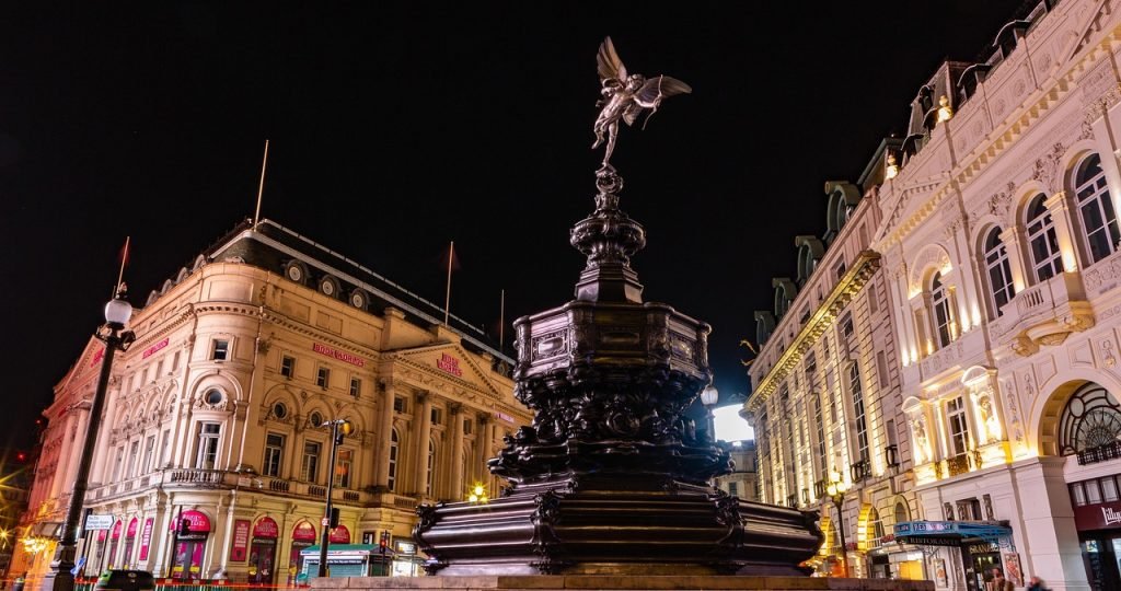 sculpture, monument, eros statue, arrow, landmark, london, piccadilly, city, england, britain, famous, night, urban, london, london, london, london, london