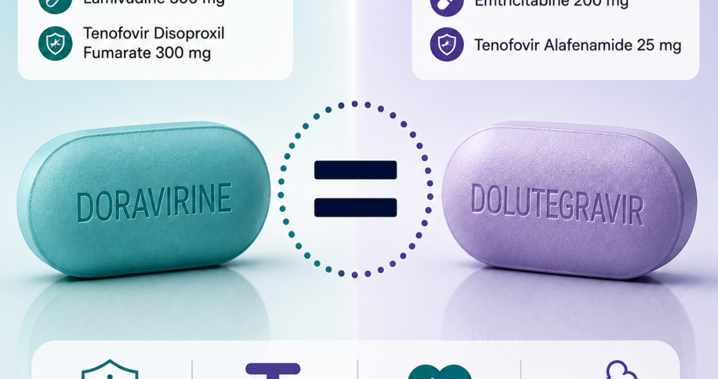 Illustration showing doravirine, lamivudine, and tenofovir disoproxil fumarate compared with dolutegravir, emtricitabine, and tenofovir alafenamide in the Phase 3 Opti-DOR trial, highlighting comparable HIV viral suppression with reduced treatment-associated weight gain.