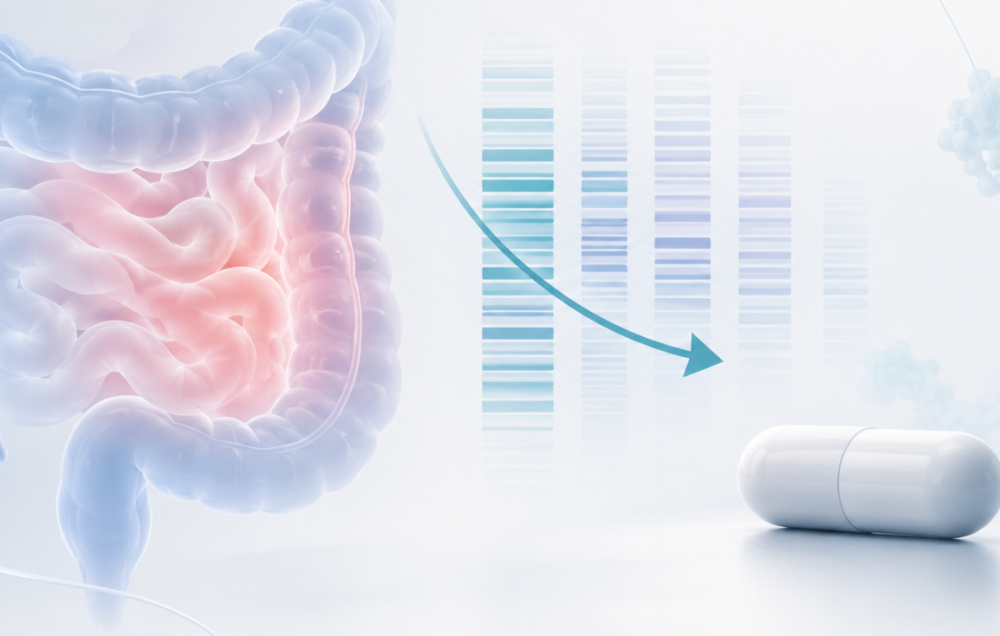Illustration of omilancor and LANCL2-targeting research in inflammatory bowel disease, highlighting a reduction in a gene-expression signature associated with biologic refractoriness.