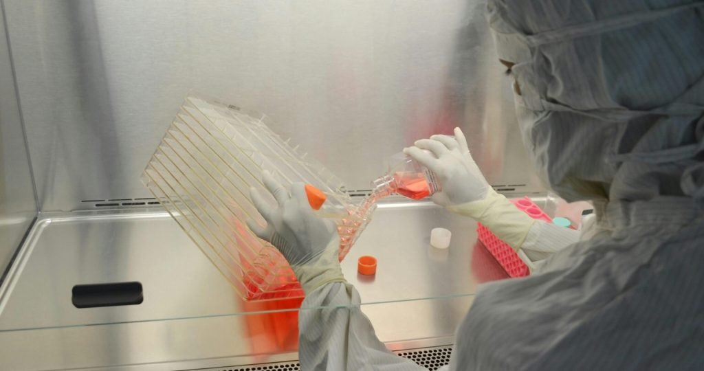 A scientist in full protective gear working in a laboratory on research with cell cultures.