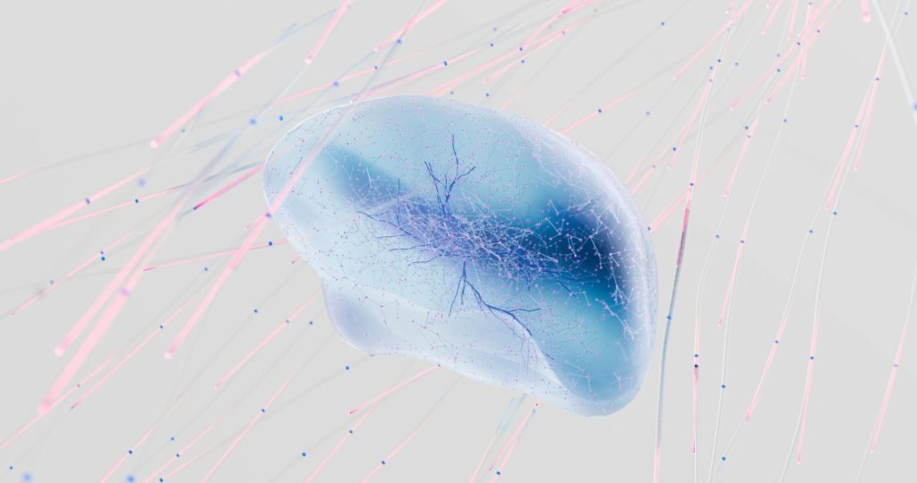 A 3D rendering of a neural network with abstract neuron connections in soft colors.