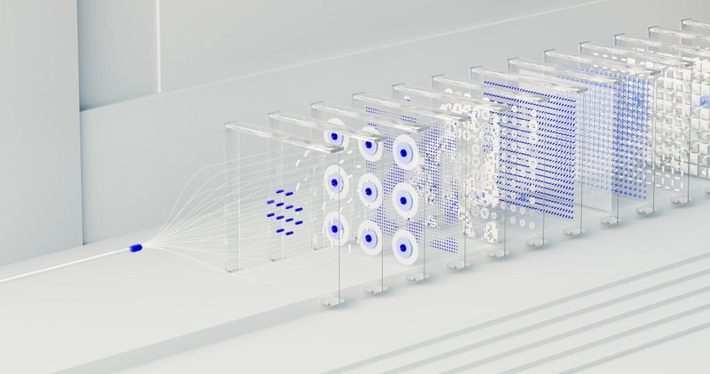 Visual abstraction of neural networks in AI technology, featuring data flow and algorithms.