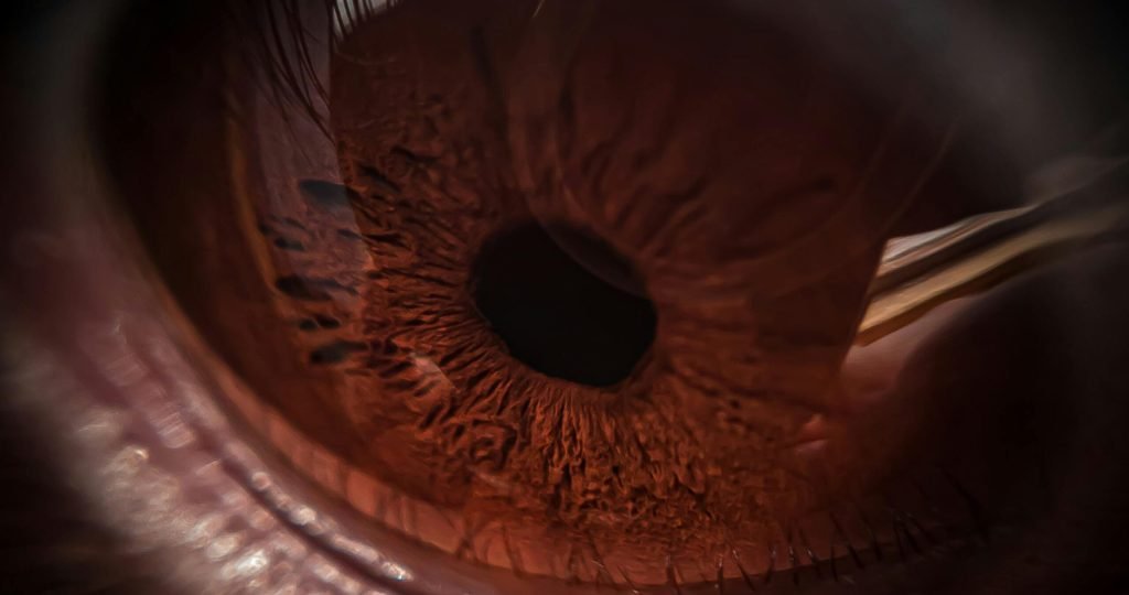 Detailed close-up image of a brown eye emphasizing the iris texture in macro photography.