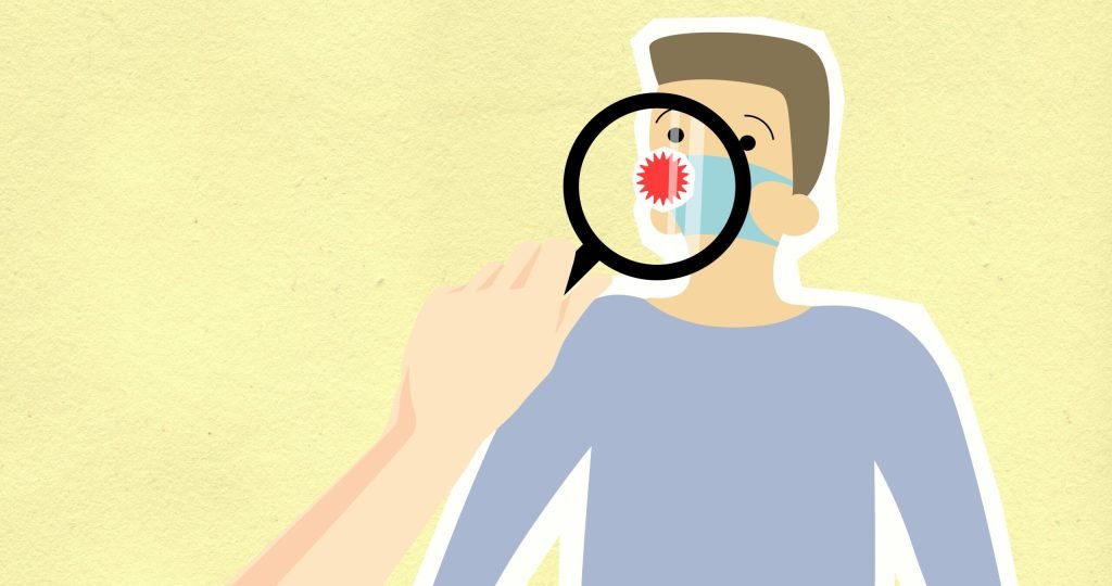 Decorative cardboard appliques of hand with magnifying glass above virus on mask of man during COVID 19 pandemic on yellow background