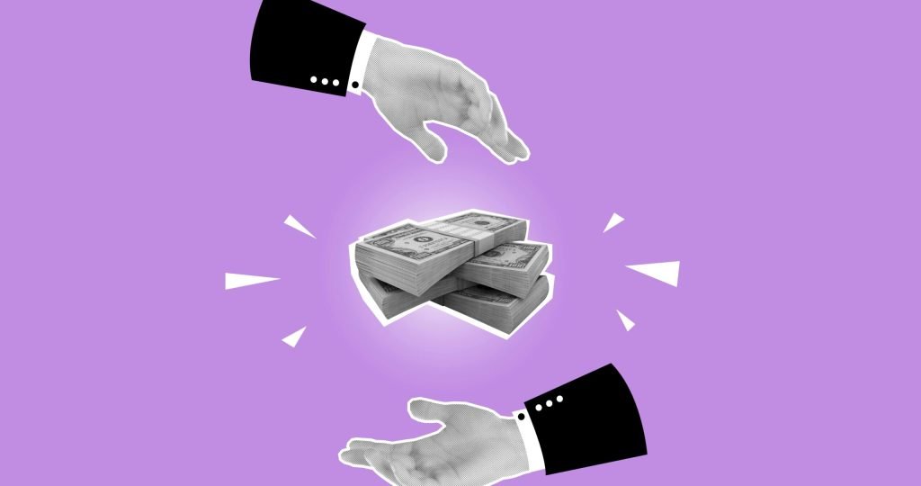 Decorative cardboard appliques representing piles of banknotes between hands of business partners on violet background