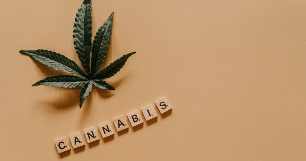 A cannabis leaf with the word 'cannabis' spelled out in letter tiles on a beige background.
